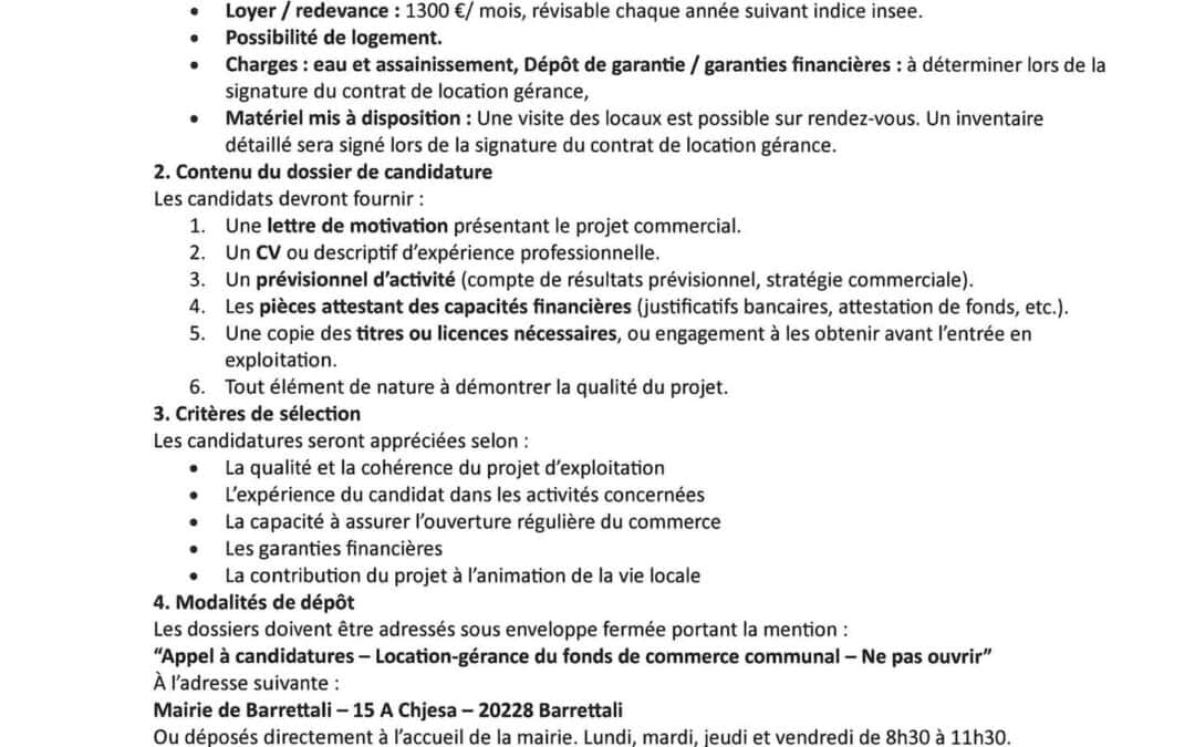 Avis d’appel à candidatures : location-gérance d’un fonds de commerce communal à Barrettali, Minerbio – Cap Corse